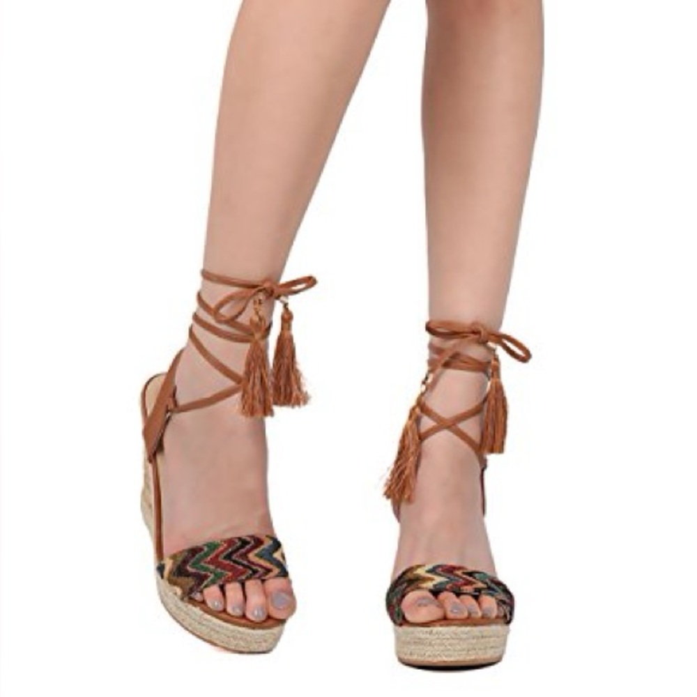 Nature Breeze Multicolor Wedge Sandals with Tassel Ties 8